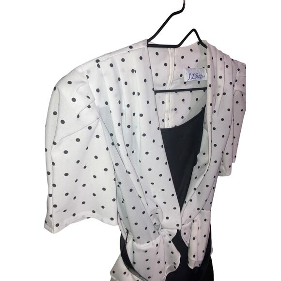 SL Petites 8 Dress White Polka Dot 1980s Puff Tulle Belted Black Skirt Secretary - Picture 4 of 12